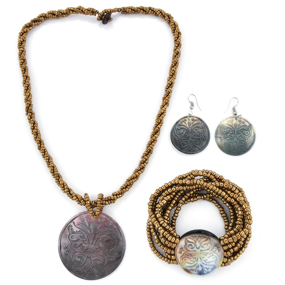 NEW Carved Grey Shell Pendant, Seed Bead Necklace, Bracelet, & Earrings Set